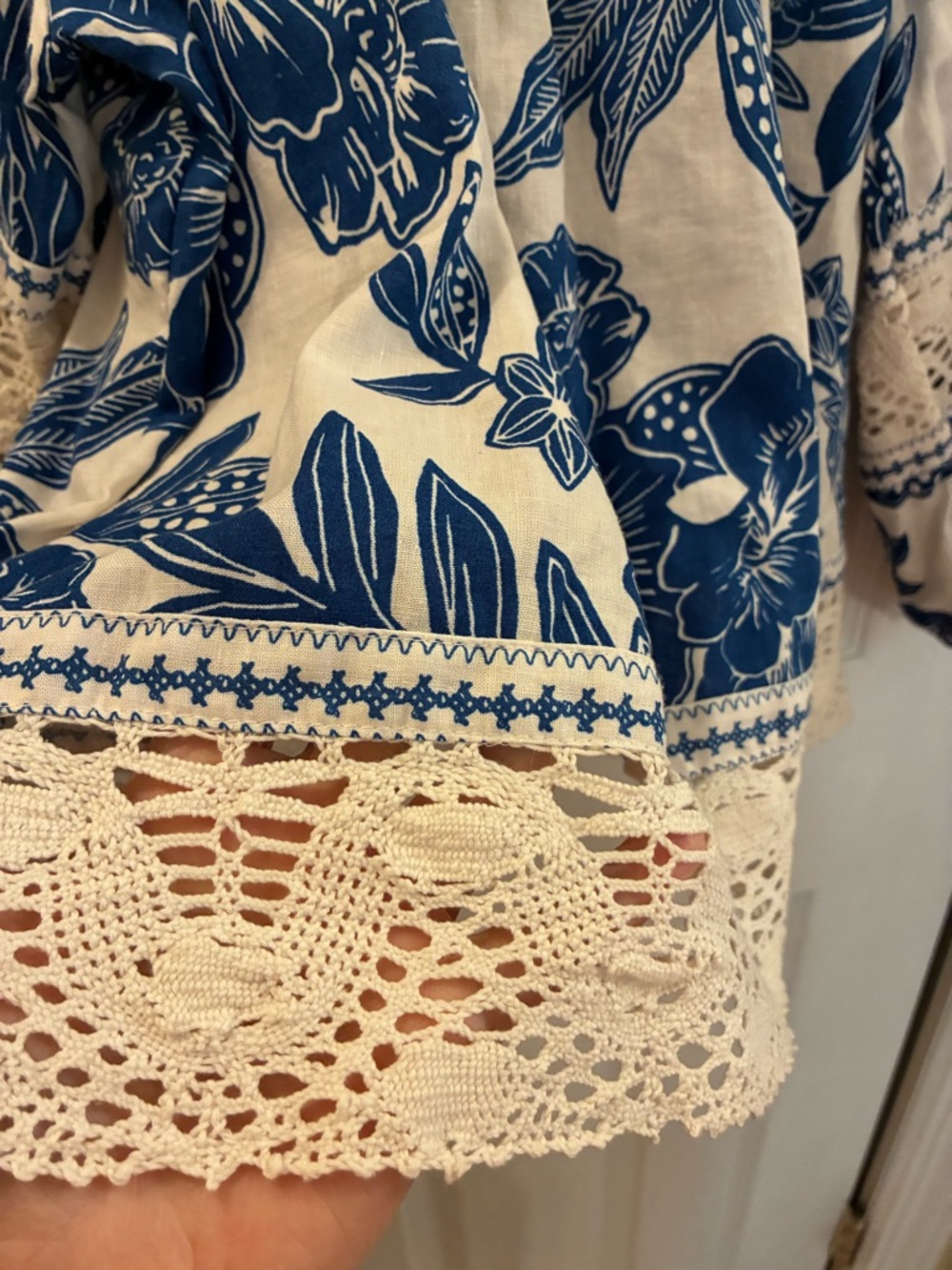 Christian Siriano Blue and Cream Floral Crochet Peasant Top - Picture 8 of 12
